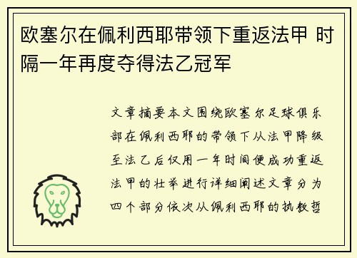 欧塞尔在佩利西耶带领下重返法甲 时隔一年再度夺得法乙冠军